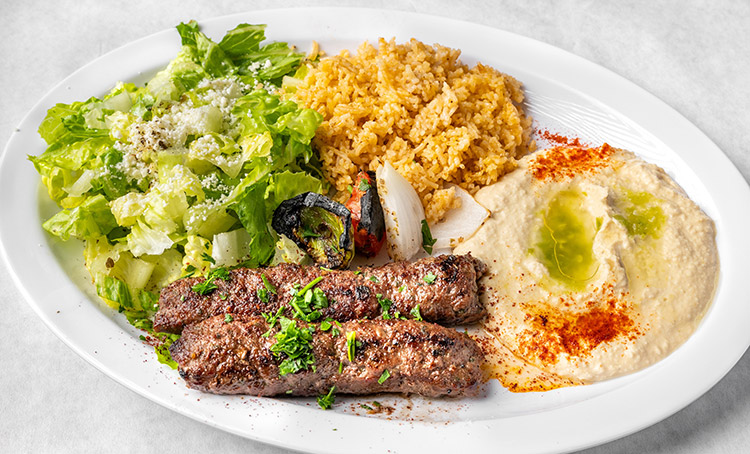 Lulu kabab plate with grilled lamb, house-spiced rice and fresh hummus — Mediterranean restaurant in Ridgeland, MS