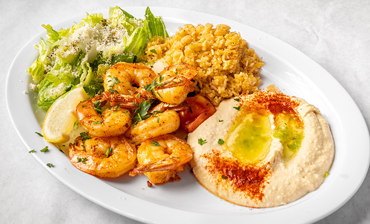 Mediterranean shrimp plate with house-spiced rice at Lulu Kabab, authentic Jordanian cuisine in Ridgeland, Mississippi